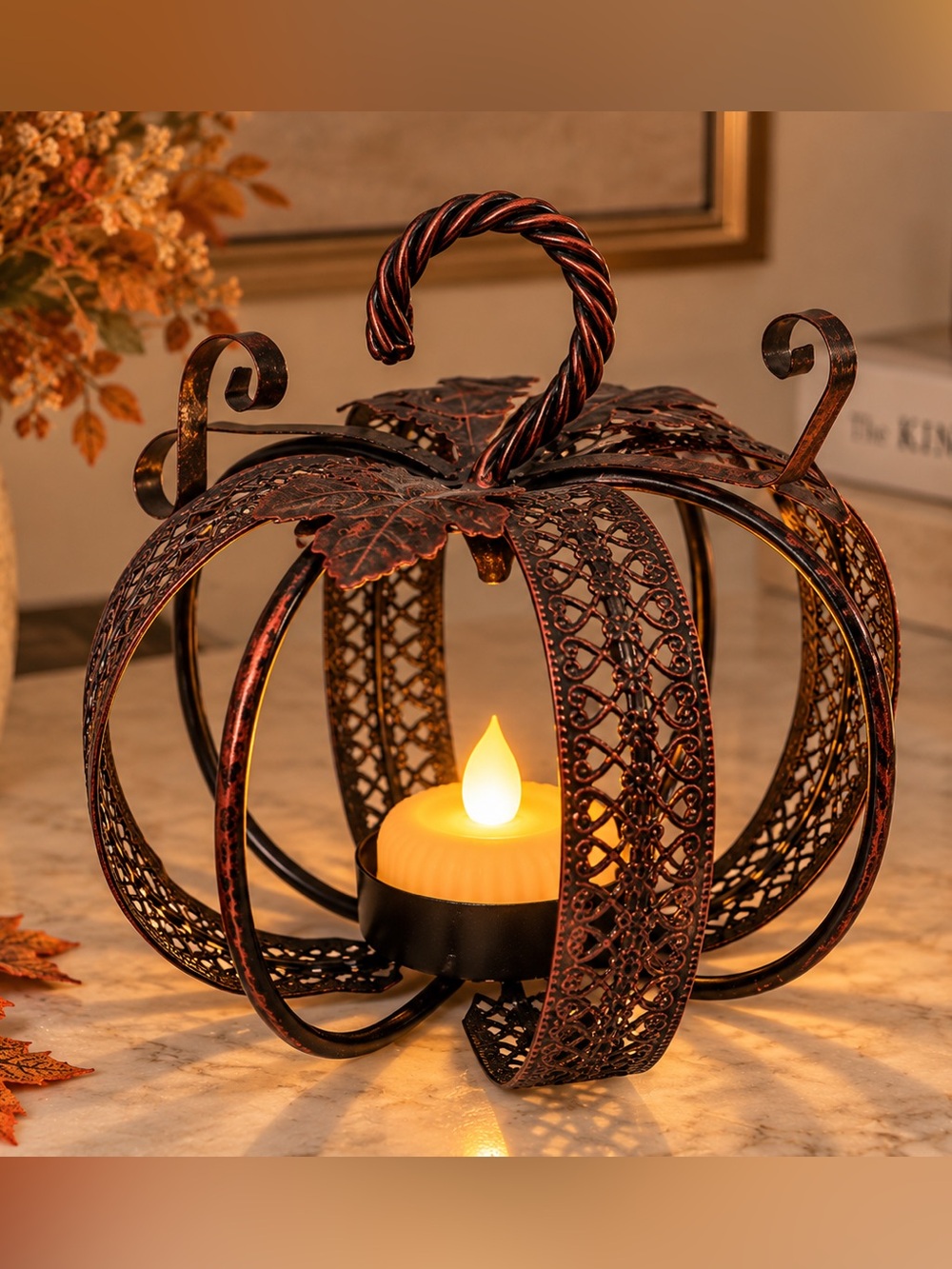 Amazon Metal Pumpkin Lantern - Red and Black Finish